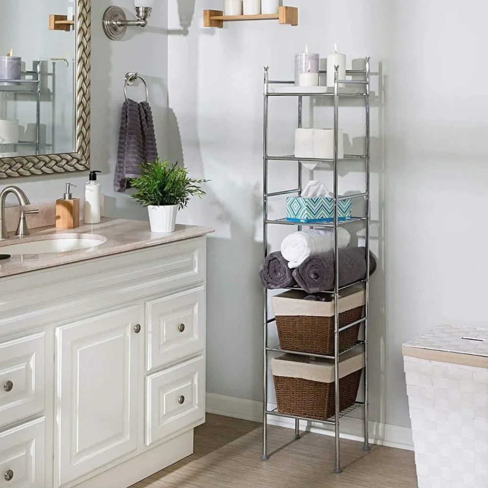 6 Tier Metal Tower Bathroom Shelf Chrome Freestanding Bathroom Shelf Unit